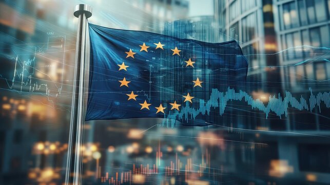 Eu flag with stock market graph symbolizes economic trends and financial growth in the european union.