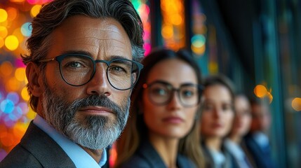 Focused man leads a diverse team, vibrant lights backdrop