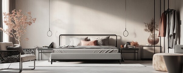 A chic, minimalist bedroom with an ash gray bed, alabaster walls, and sleek black metal frame furniture