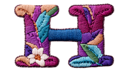 Letter H floral embroidery, colorful design , stitched pattern, cut out transparent