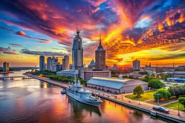 Fototapeta premium Panoramic Mobile Alabama Skyline View Featuring the USS Alabama Battleship A Majestic Coastal Perspective