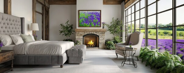 A chic modern farmhouse bedroom with a stone fireplace and floor-to-ceiling windows facing a vibrant lavender field