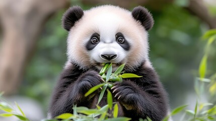 Fototapeta premium Adorable panda cub eating bamboo