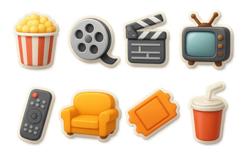 Vibrant 3d entertainment icons set - popcorn, film reel, and more