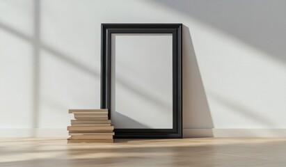 Mockup Frame with Blank Canvas and Books Leaning Against White Wall
