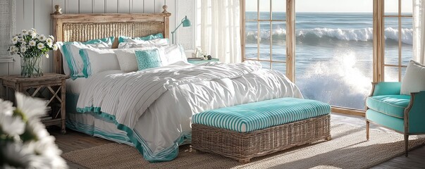 A coastal bedroom with furniture made of weathered pine