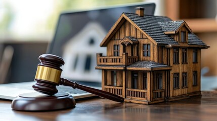 Gavel beside house miniature on table, laptop screen showing house in background