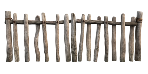 Rustic wooden fences with weathered texture, perfect for rural, farm, or countryside themes, isolated on a transparent or white background for versatile design use.