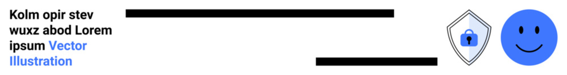 Blue happy face, shield with lock icon on minimalist layout symbolizing safety and positivity. Ideal for cybersecurity, privacy, trust, happiness, data protection, tech identity, flat landing page