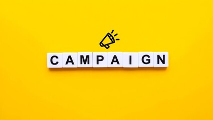 Fototapeta premium Campaign banner and conceptual image. Block letter tiles on bright orange background. Minimal aesthetics.