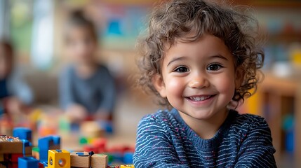Happy Little Scholar: A close-up shot of a delightful child with curly hair beaming with a bright smile, immersed in a vibrant learning environment.