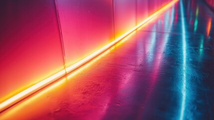 Glowing lights line concrete wall, reflecting off floor, colors fading