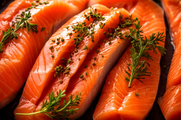Fresh salmon fillets garnished with herbs ready for cooking in a gourmet kitchen Generative AI