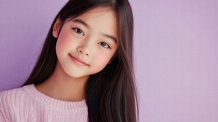 Fototapeta premium A young girl with long dark hair and rosy cheeks, radiating charm and innocence, poses with a soft, gentle smile.