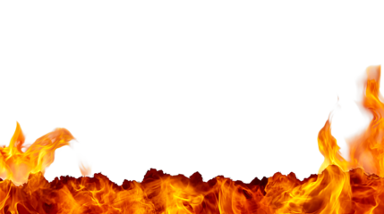Burning flames background in bright orange, cut out transparent