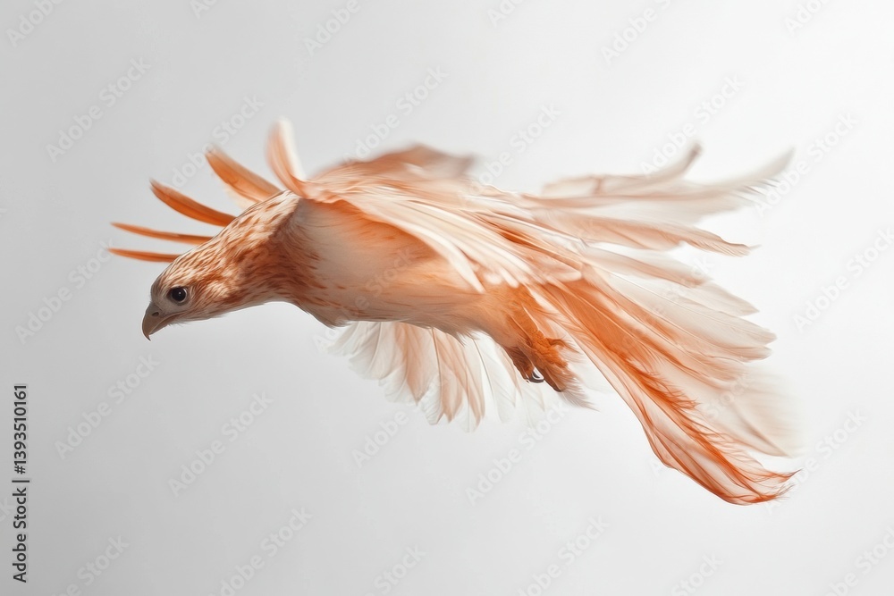 Poster hawk diving gracefully through the air with flowing feathers and a vibrant pose against a clean whit