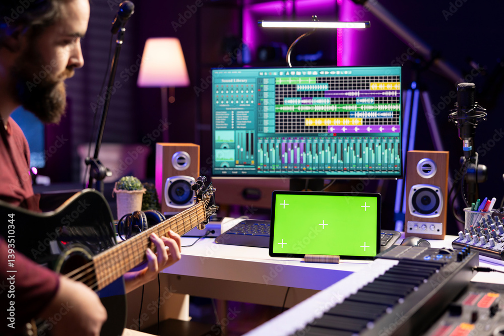Poster producer learning to play acoustic guitar with online lessons, playing new accords in his home studi