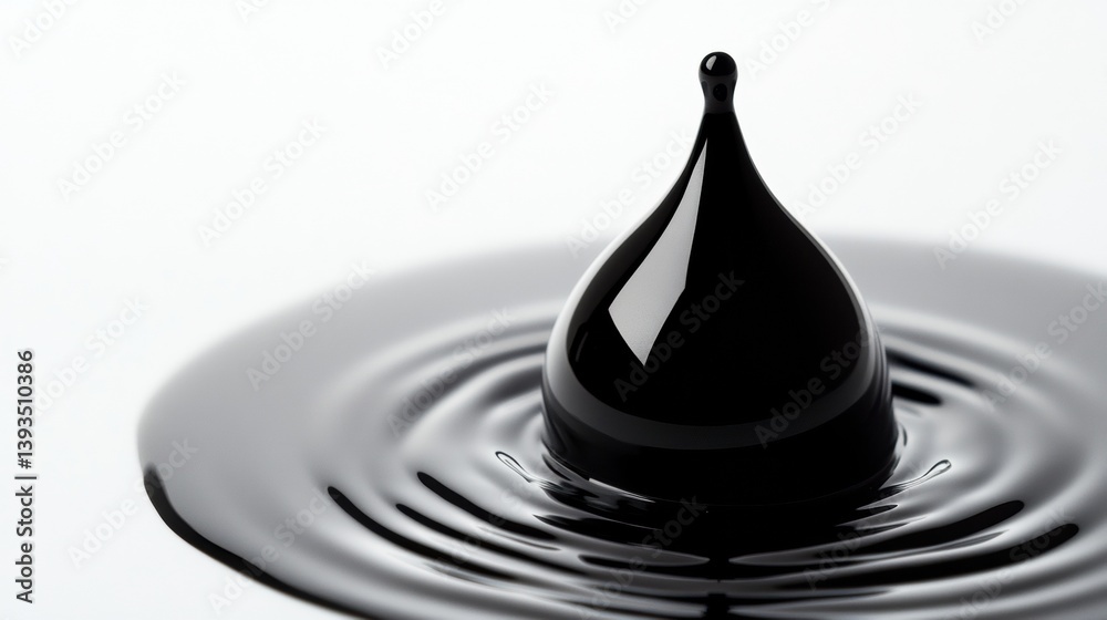 Poster glossy black droplet creating ripples on a matte white surface under high contrast lighting conditio