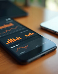 Smartphone screen displays live social media engagement metrics. Dashboard shows real-time data, website stats, user profile brand presence. Tech analytics, social response report, data insights.