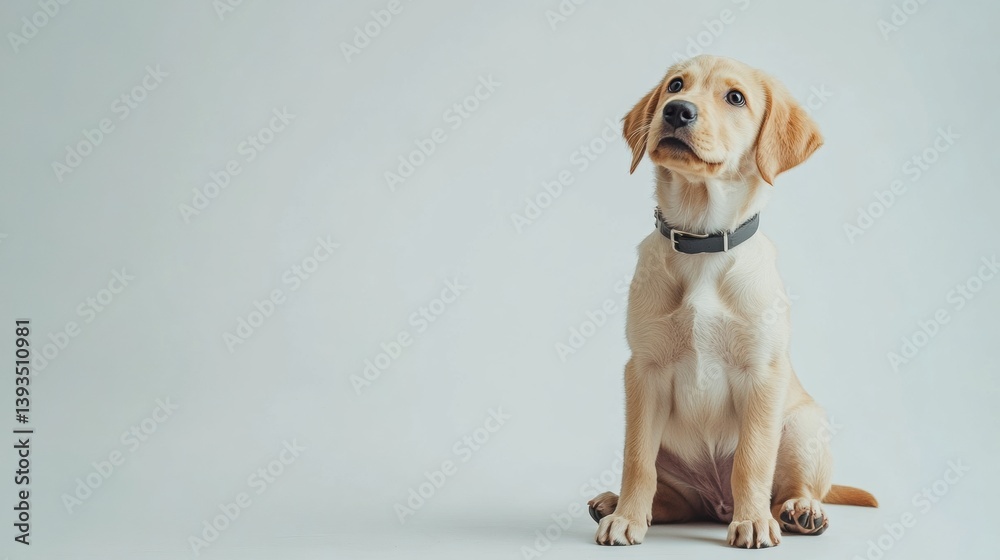 Poster golden labrador puppy with friendly expression sitting on white background, showcasing bright eyes a