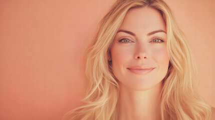 Fototapeta premium Serene Elegance: A portrait of a stunning blonde woman with beautiful features and a subtle smile, against a warm, inviting backdrop of gentle hue.