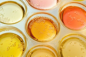 Close-up of multiple samples of bubbly, translucent yellow and orange liquids in glass containers.