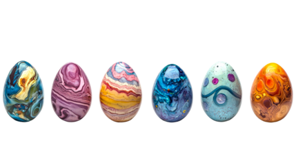 Six Colorful Decorative Easter Eggs on Black, cut out transparent