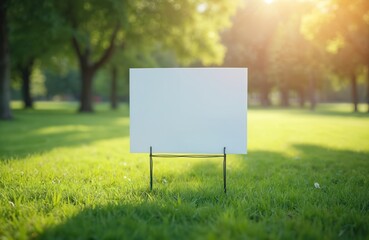 Blank yard sign mockup stands in green grass field. Empty signboard for advertising, promotions. White poster park, spring summer outdoor. Sunlight, nature background.