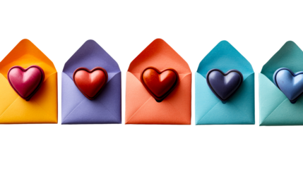 Colorful envelopes with heart-shaped seals, isolated, cut out transparent