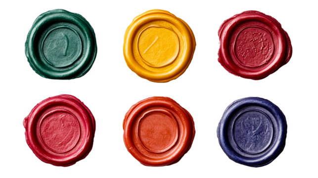 Variety of Colorful Wax Seals for Authentication, cut out transparent