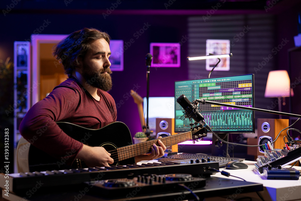 Poster Musical composer singing tunes on acoustic instrument, working in his personal home studio to record a song. Sound engineer recording music, editing with mixing console. Acoustical engineering.