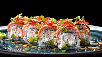 Sushi roll with salmon, shrimp, cream cheese, caviar, and avocado