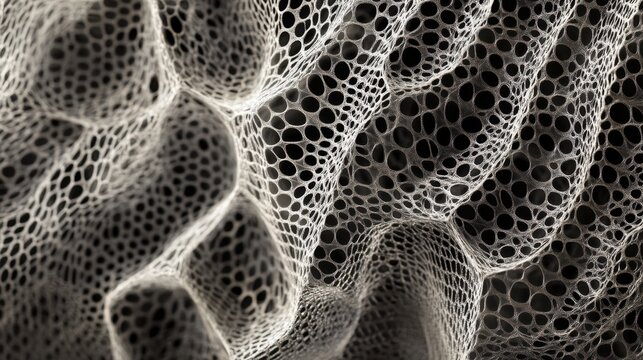 Intricate, cellular network in monochrome. Organic, porous structure resembling biological tissue or a complex web. Dramatic lighting and texture
