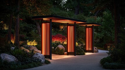 Obraz premium Illuminated walkway through serene, manicured garden with warm light at dusk