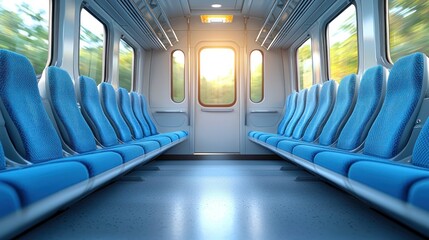 Fototapeta premium Interior train car with blue seats and bright light. Motion outside