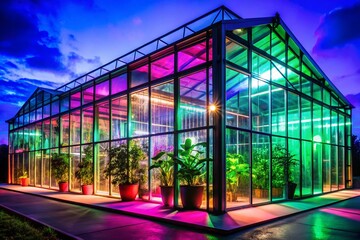 Obraz premium Modern Greenhouse Silhouette Lush Greenery Illuminated by EnergyEfficient LED Lights A Stunning Design for Sustainable