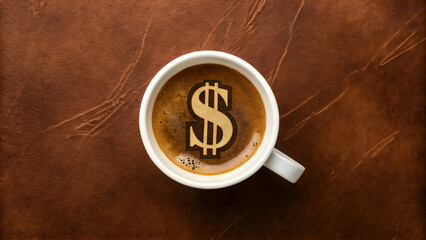 Xícara de café preto, estilo fotografia de produto, vista de cima, desenho de barrista de um cifrão representado o aumento do valor do café. Foto de produto, cafeteria, economia, inflação. Cafeina,pic
