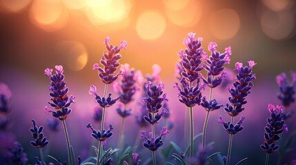 Obraz premium Lavender blooms reach towards a warm, glowing bokeh background, serene field