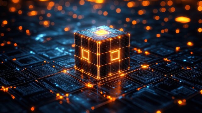 Glowing cube on circuit board, data processing