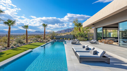 Fototapeta premium Backyard of an elite modern mansion featuring pool and stylish lounge furniture under blue skies