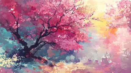 A vibrant cherry blossom landscape blending colors into an abstract