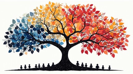 A vibrant illustration of a large tree with leaves in various colors, symbolizing growth, diversity, and community, under which small figures stand in peaceful contemplation.