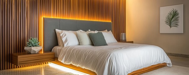 A contemporary bedroom boasting a headboard with polished mahogany wood slats and integrated LED strip lighting for a soft glow