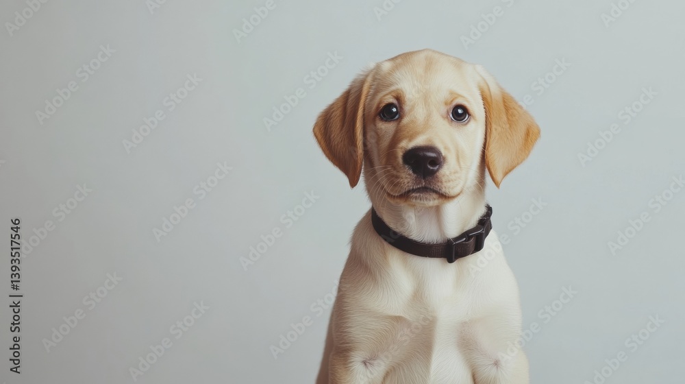 Poster golden labrador puppy with big eyes and friendly expression sitting against a white background with 