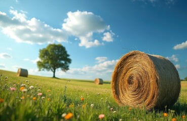 Summer landscape, hay bale on green field with wildflowers, tree, blue sky. Sunny day in the countryside. Agricultural background, harvest season, eco farming, rural nature.