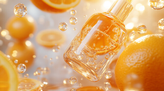 Cosmetic skincare serum featuring hyaluronic acid and vitamin C with orange tones--3D visual