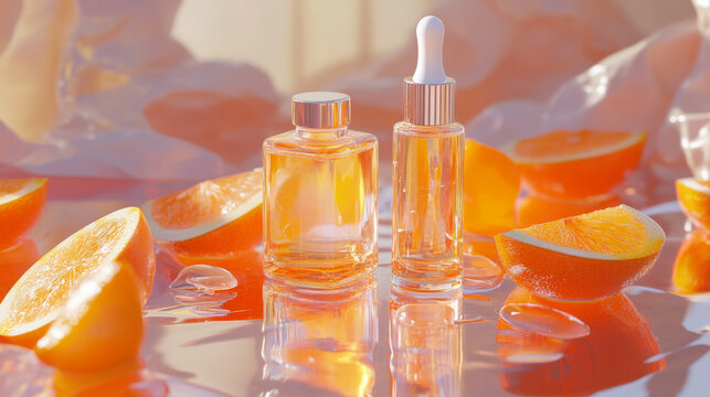 Cosmetic skincare serum featuring hyaluronic acid and vitamin C with orange tones--3D visual