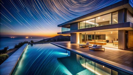 Fototapeta premium Luxury Coastal Villa at Night Dramatic Ocean Views Poolside Relaxation
