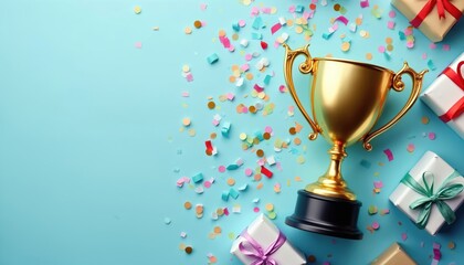 Golden trophy cup on serene blue background, surrounded confetti, wrapped gifts. Image sports achievement, success celebration, victory, award recognition, winning moments. Festive holiday vibe.