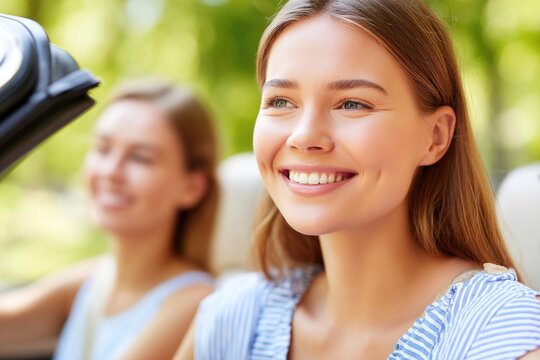 Smiling young caucasian women enjoying a drive in a convertible on a sunny day